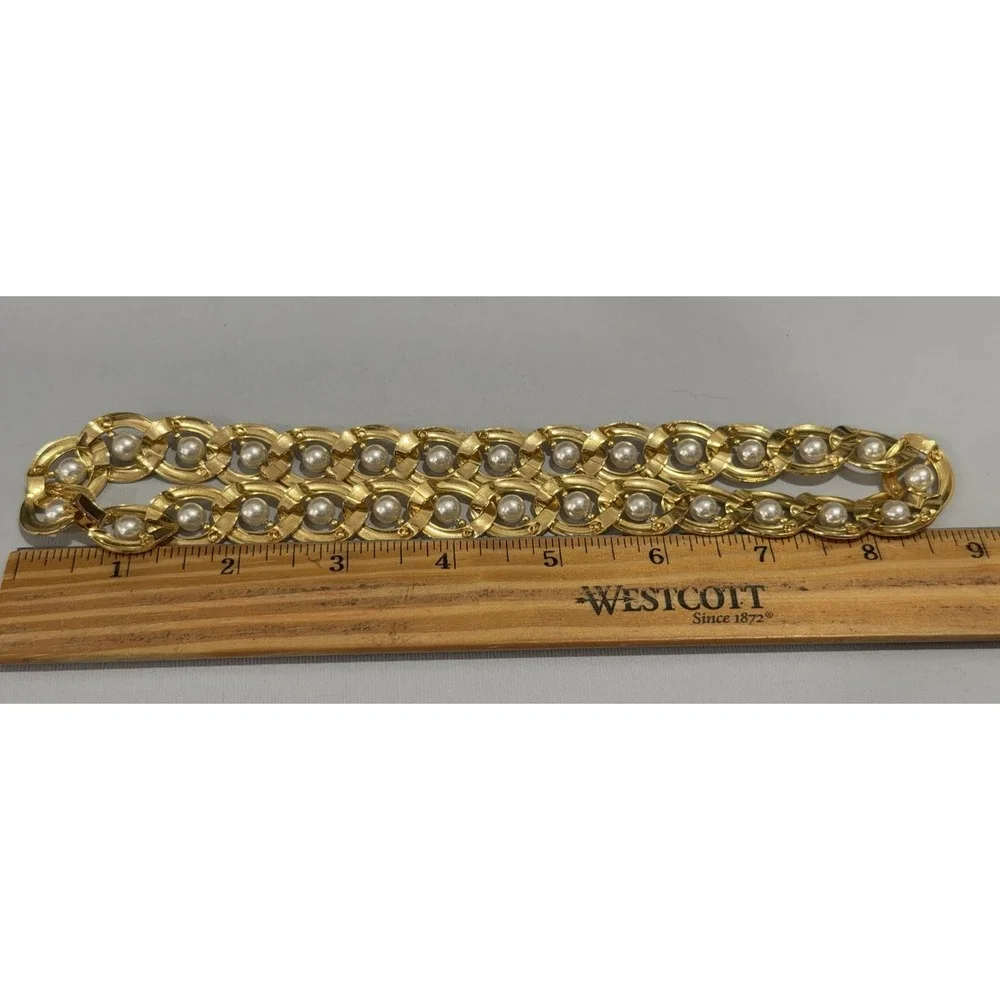Vintage Gold Tone Imitation Caged Pearl Link Necklace Chunky Collar Necklace
